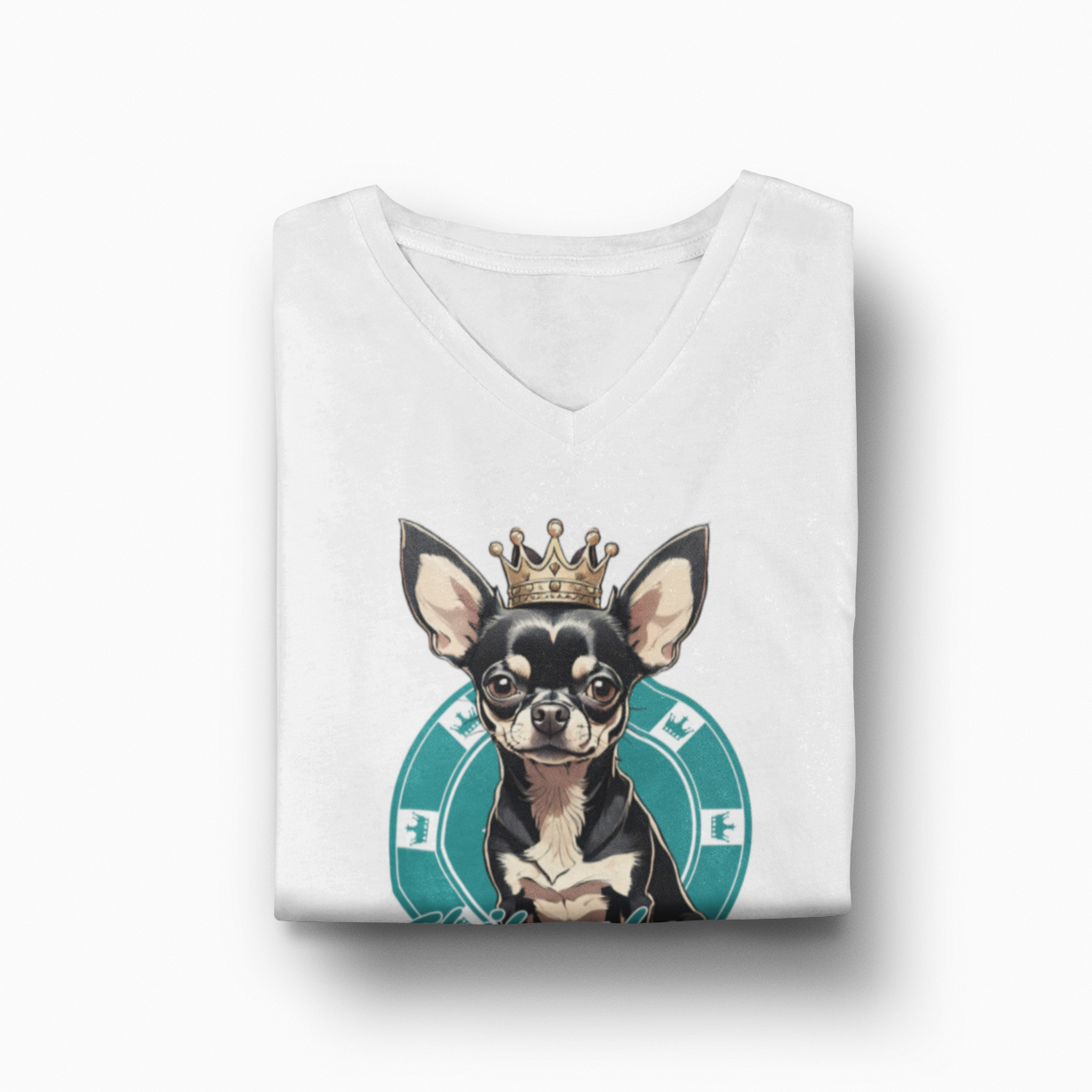 Unisex Jersey Short Sleeve V-Neck Tee with Cute Crowned Chihuahua - Mockup Folded