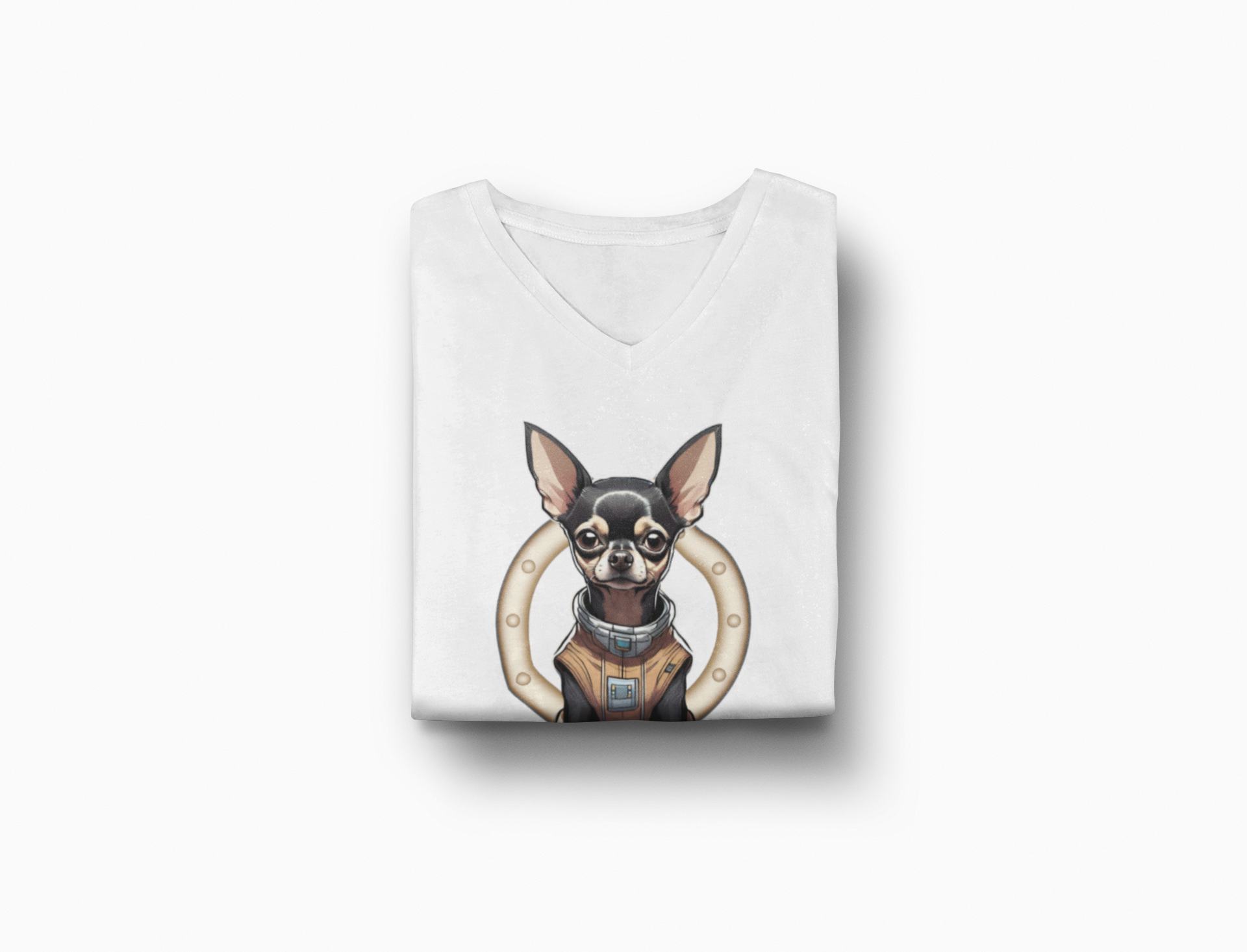 Unisex Jersey Short Sleeve V-Neck Tee with Cute Chihuahua Astronaut Design - Mockup Folded