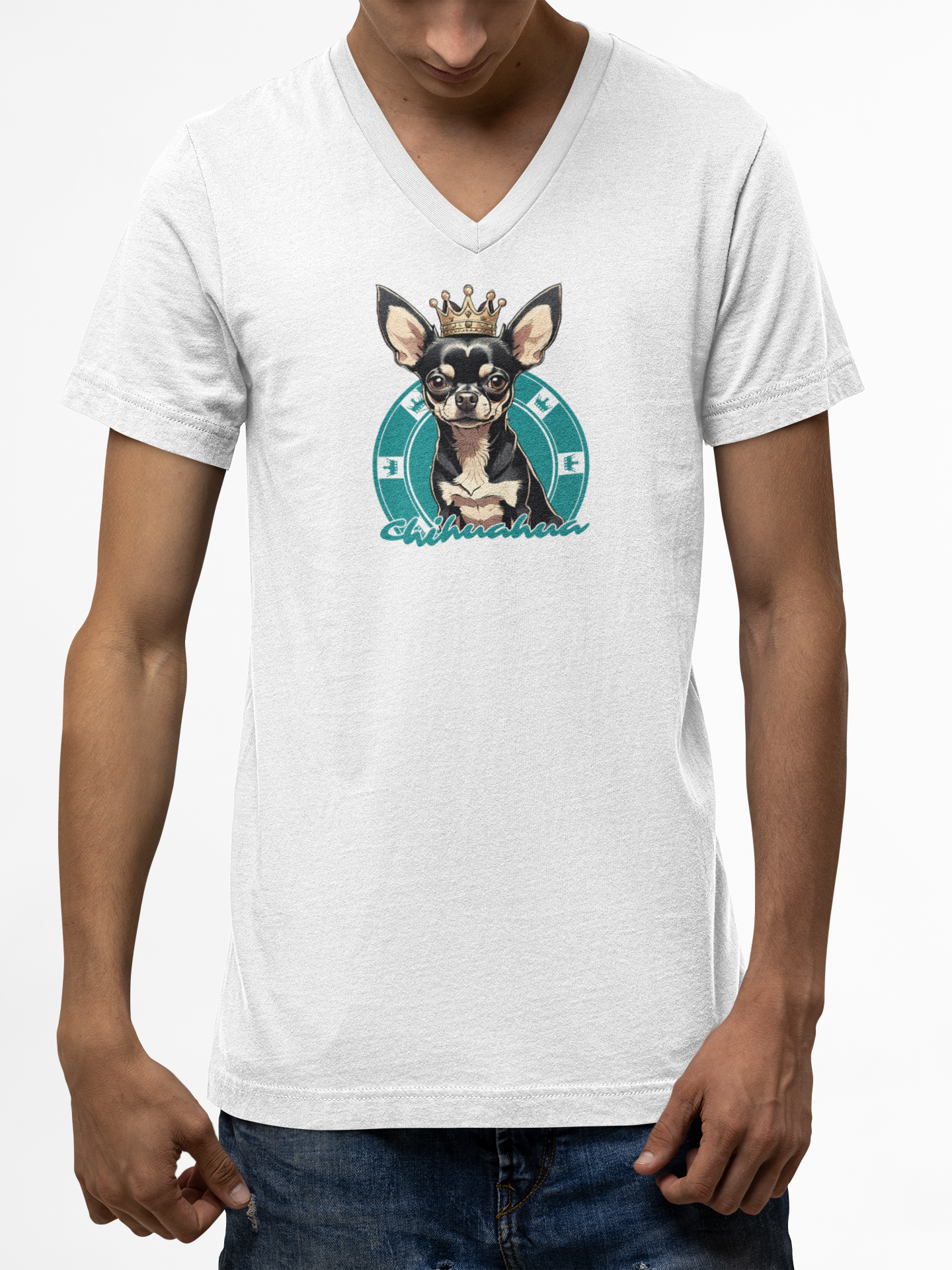 Unisex Jersey Short Sleeve V-Neck Tee with Cute Crowned Chihuahua - Mockup Man