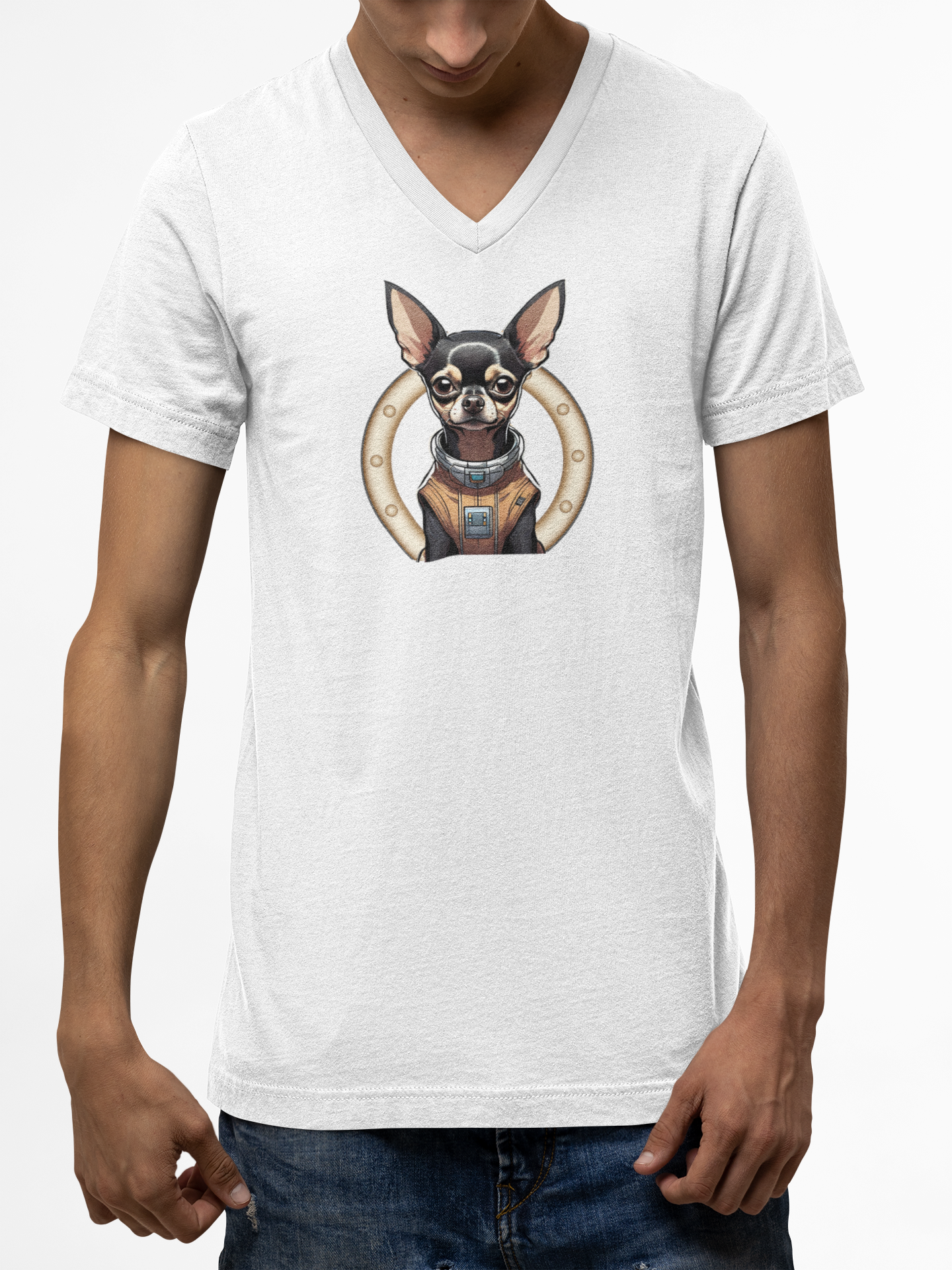 Unisex Jersey Short Sleeve V-Neck Tee with Cute Chihuahua Astronaut Design - Mockup Man