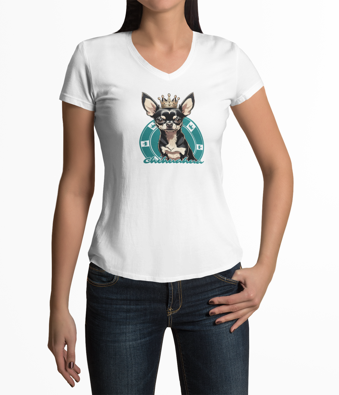 Unisex Jersey Short Sleeve V-Neck Tee with Cute Crowned Chihuahua - Mockup Woman