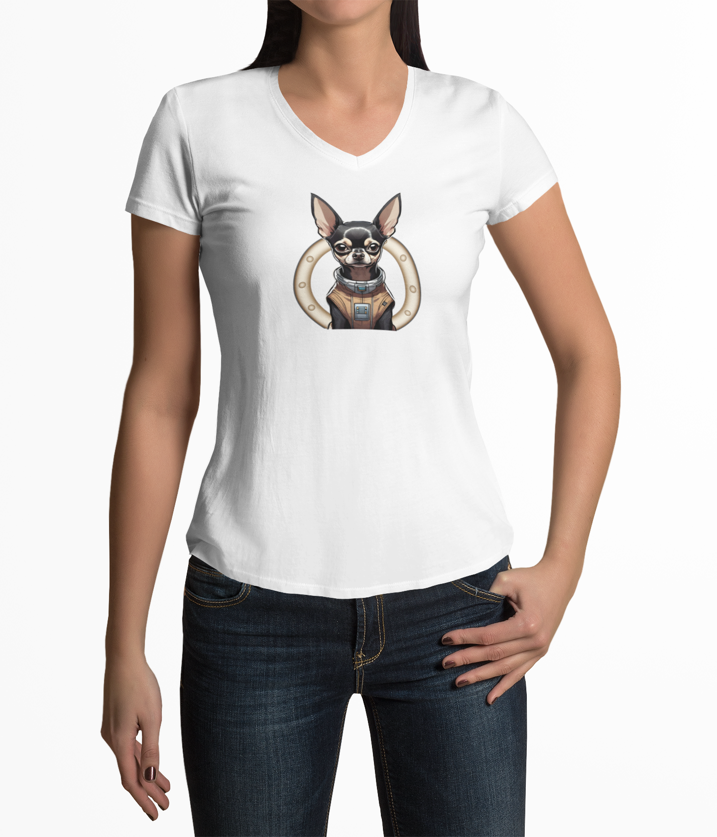 Unisex Jersey Short Sleeve V-Neck Tee with Cute Chihuahua Astronaut Design - Mockup Woman