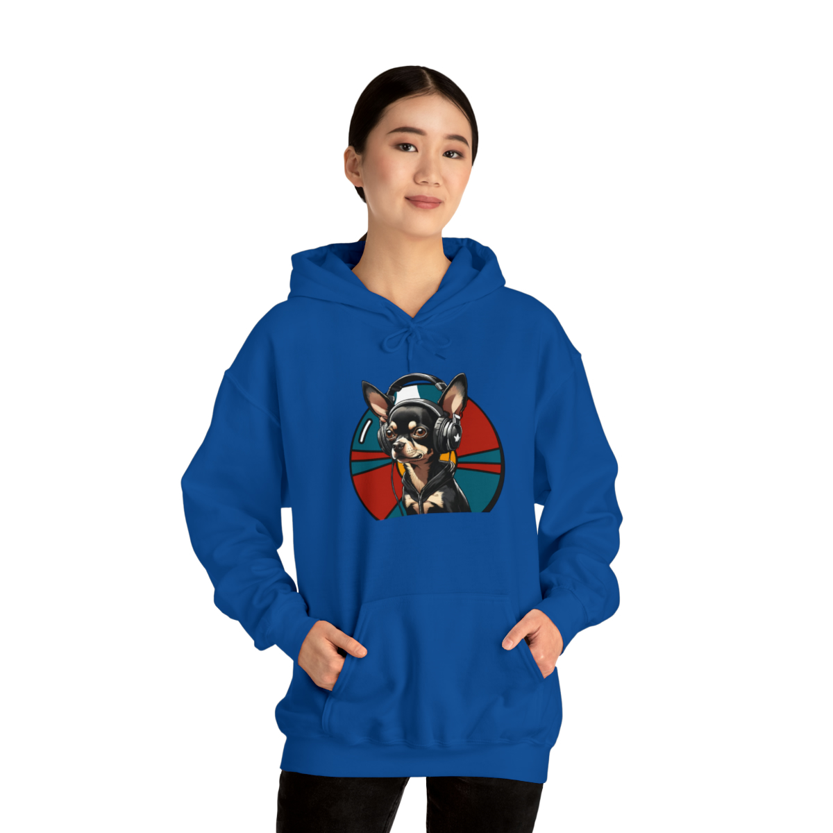 Unisex Heavy Blend™ Hoodie Sweatshirt - Hooded Chihuahua Design - Mockup Woman